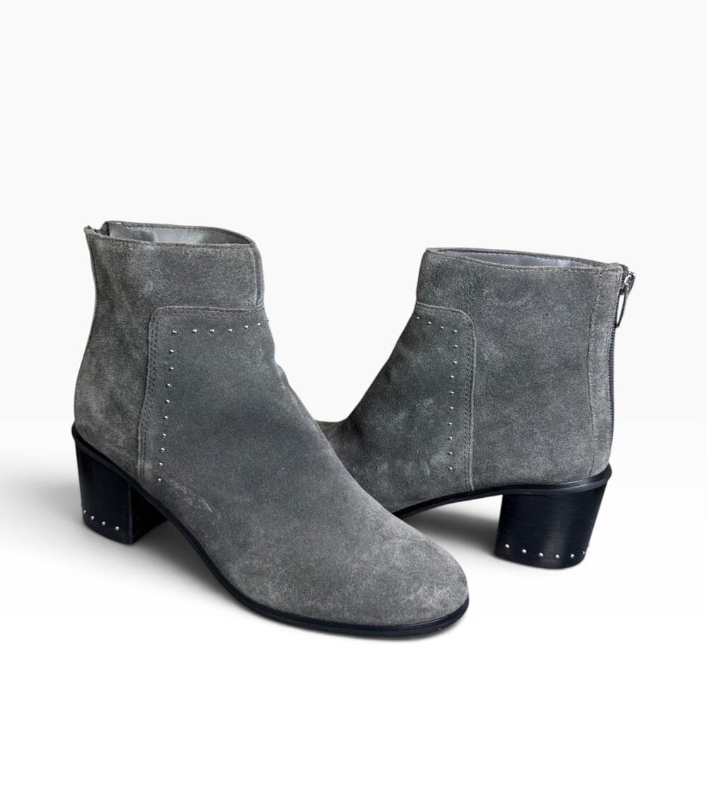 Marc Fisher Gray Suede Studded Ankle Boots 8.5 Block Heel Zip Booties